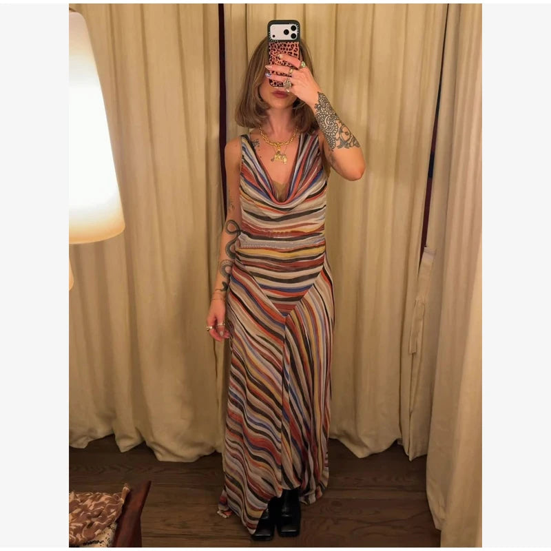 Striped V-Neck Maxi Dress