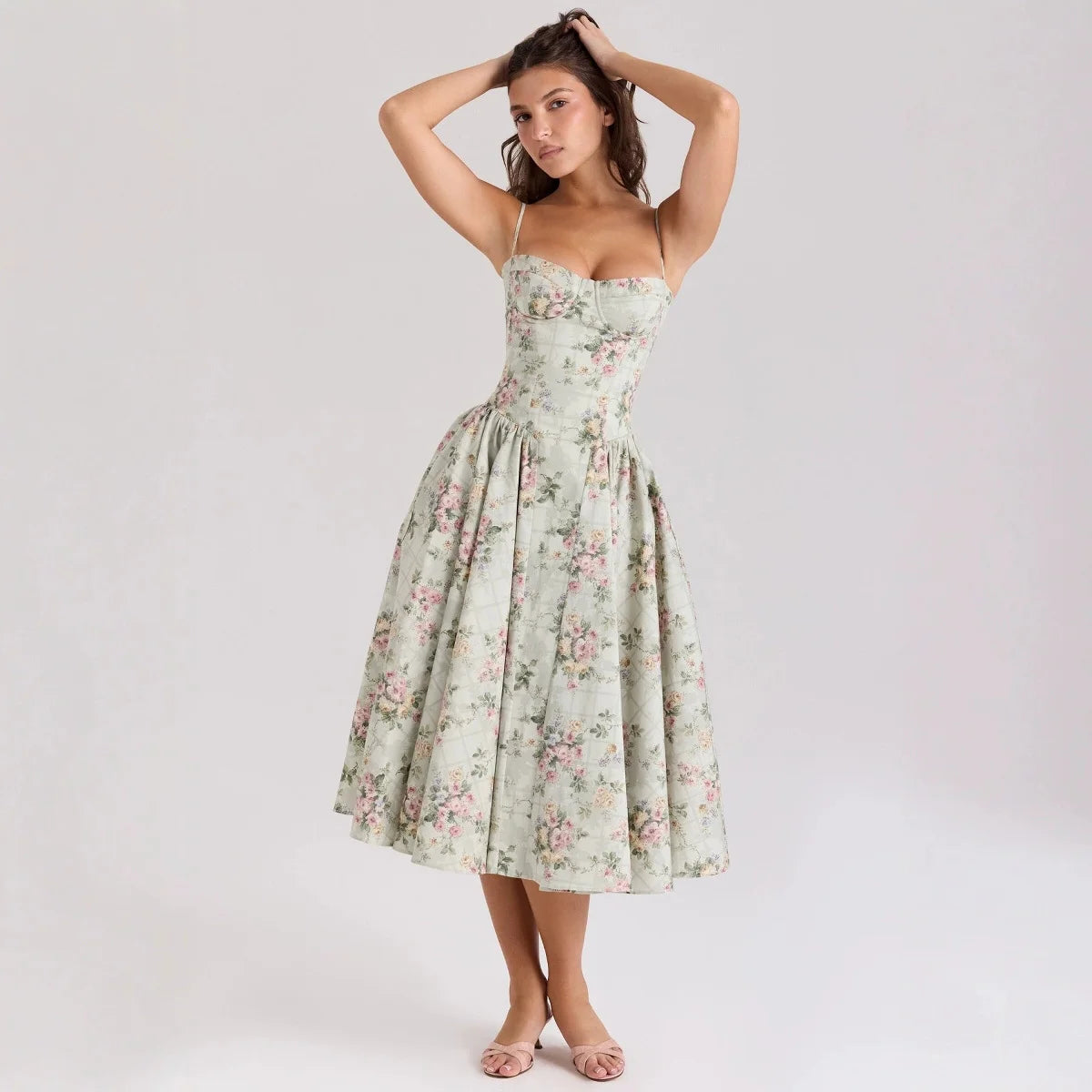 Vintage Floral Corset Midi Dress