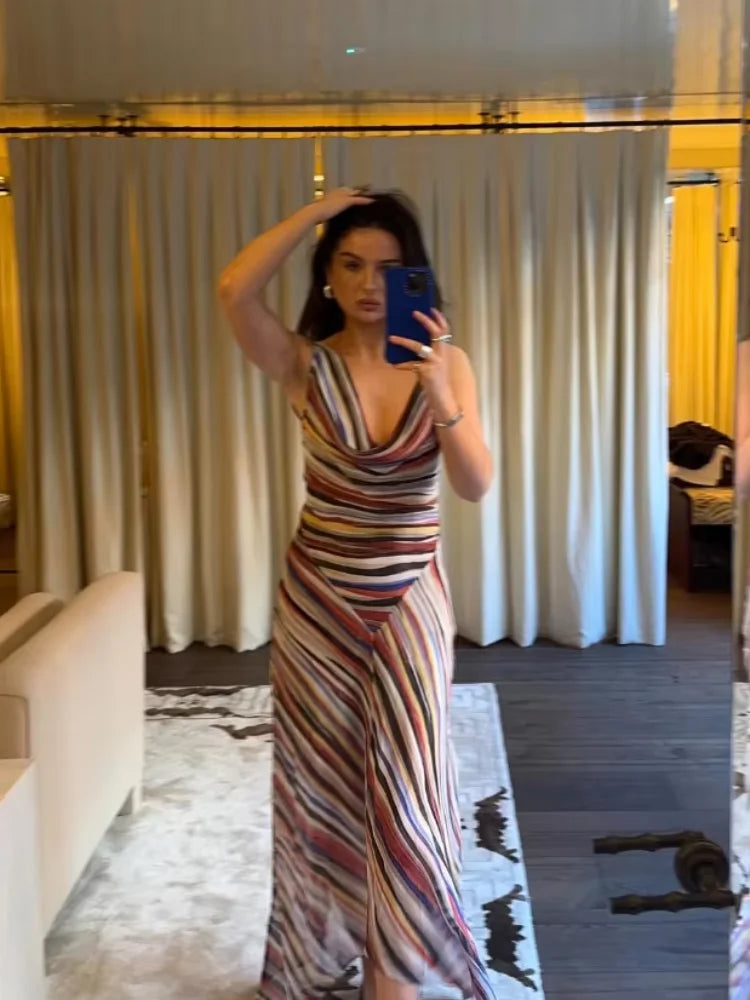 Striped V-Neck Maxi Dress