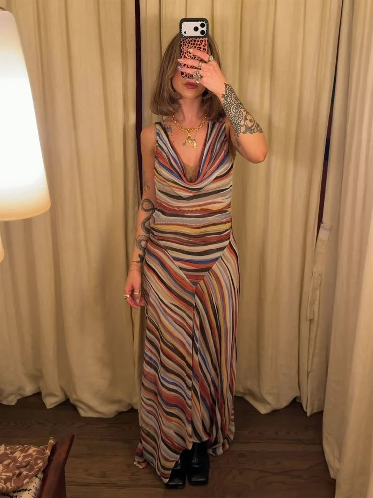 Striped V-Neck Maxi Dress